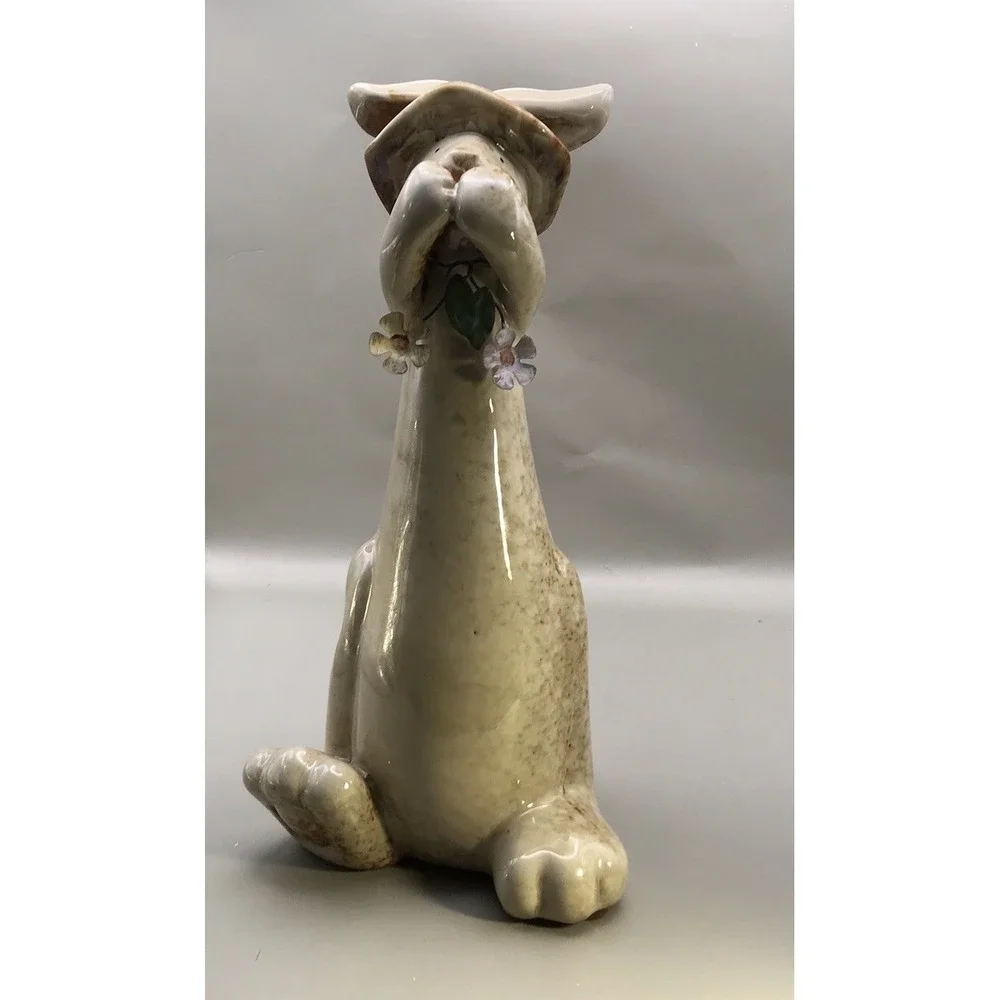 Stoneware Pottery Bunny Rabbit Figurine Wearing A Hat - Natural Color - 10